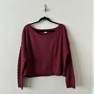 Garage-Burgundy Cable Knit Off Shoulder Lighter Sweater (Size:Large)